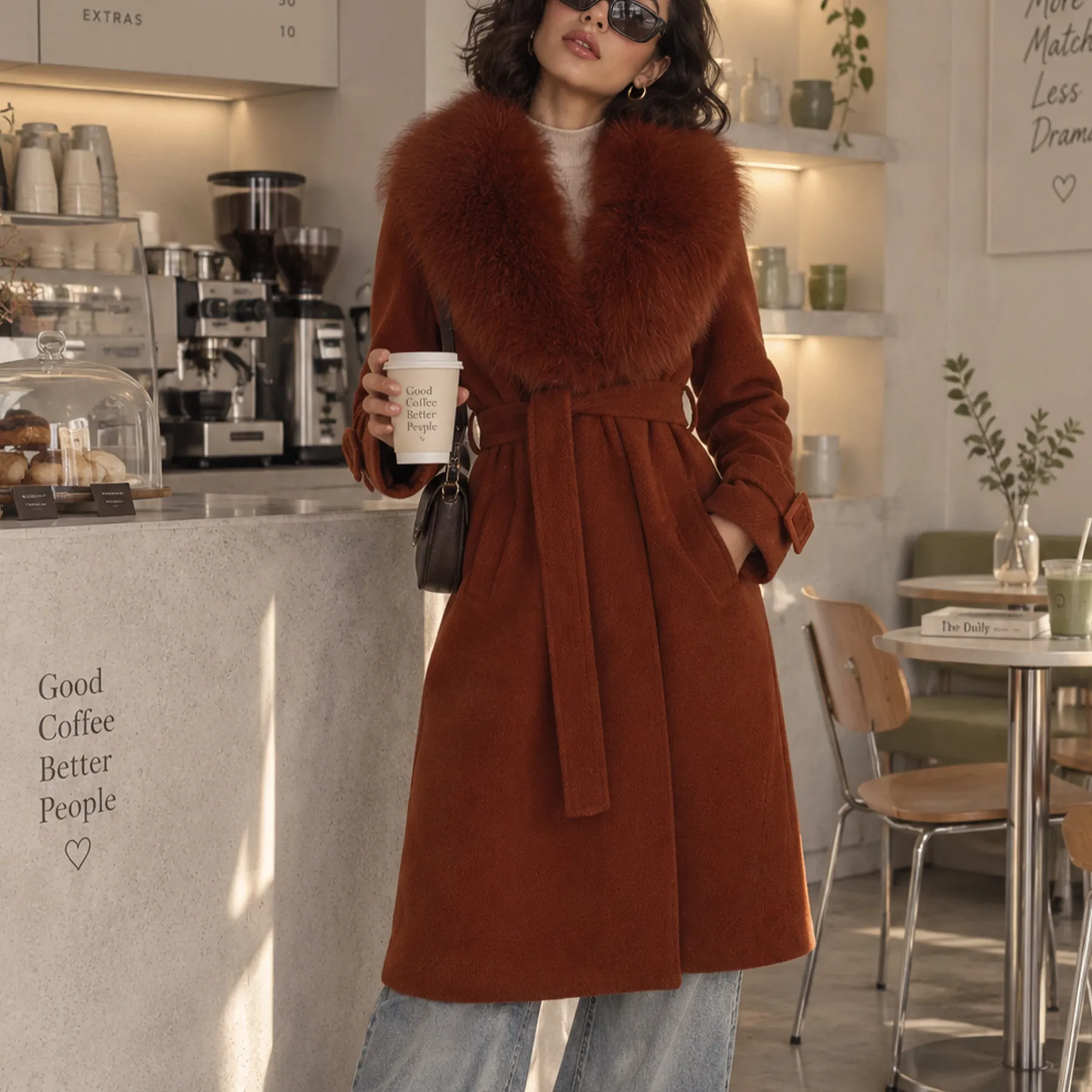 M01 Abrigo con pelo sintetico-ROJO-BEIGE 15267